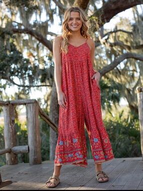 Natural Life Jamie V-Neck Wide Leg Jumpsuit Red Floral Boho Hippie Cottage Small